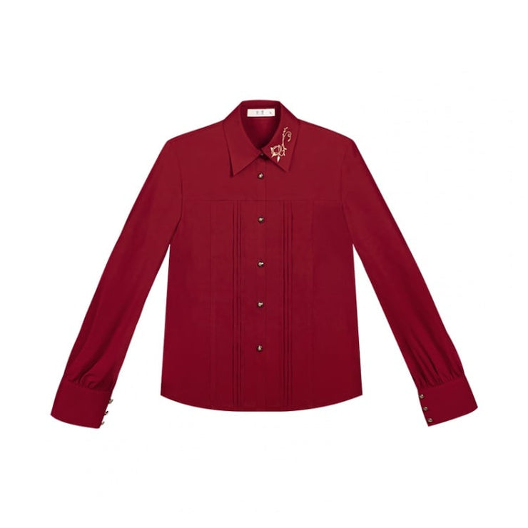 Brambles Embroidery Turndown Collar Long Sleeves Red Shirt