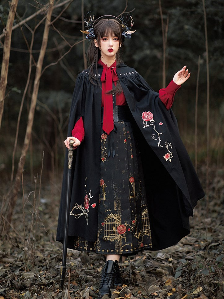 Roses Embroidery Hooded Cloak / Cloak Shirt Skirt Full Set