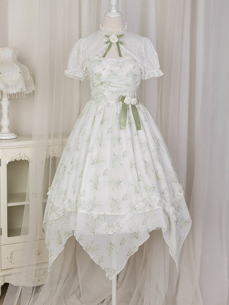 Clearance-Size L for Bust 90-104cm Light Green Lily of the Valley Print Handkerchief Hem Dress + Bolero