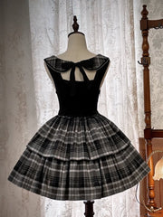 Dark Academia Fashion Little Detective Plaid Dress Black and Gray Jumper Skirt + Cape Set