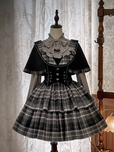 Dark Academia Fashion Little Detective Plaid Dress Black and Gray Jumper Skirt + Cape Set