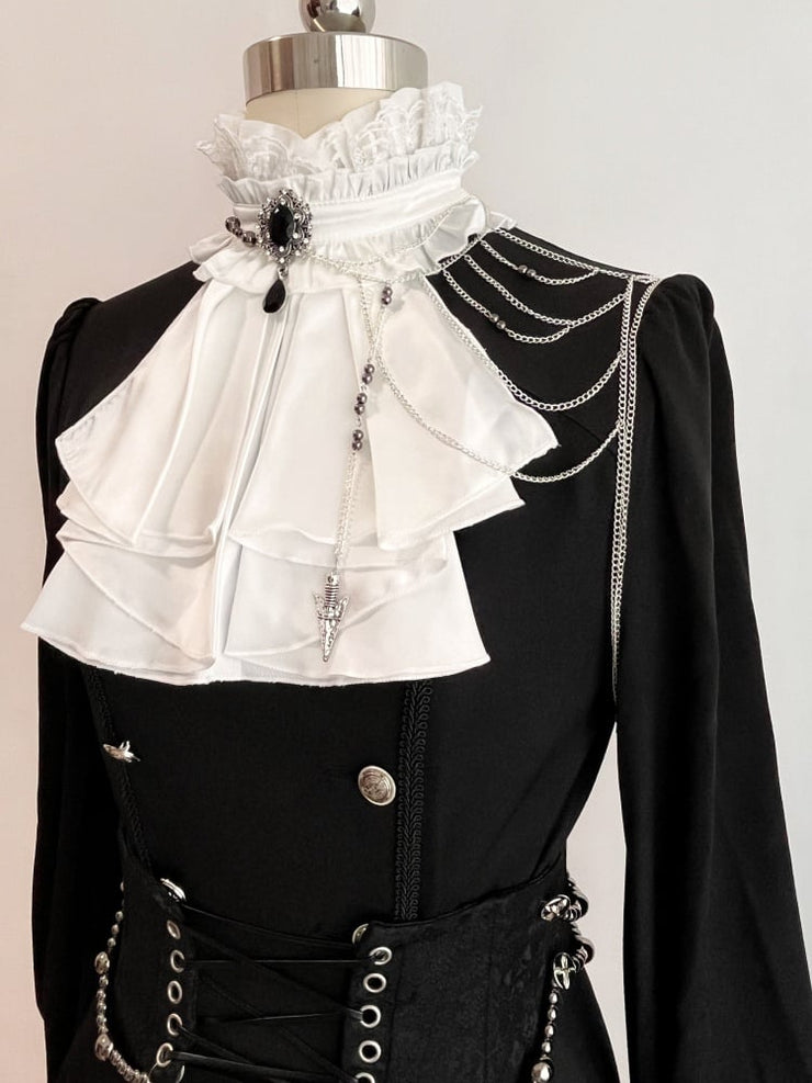 Clearance-Size M for Bust 94CM Black and White Gothic Ouji Lolita Long Sleeves Top + Jabot + Corset belt Set