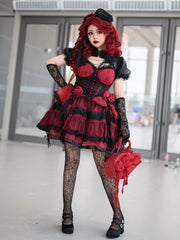 Red and Black Gothic Corset Waist Tiered Skirt Lolita Jumper Skirt Full Set