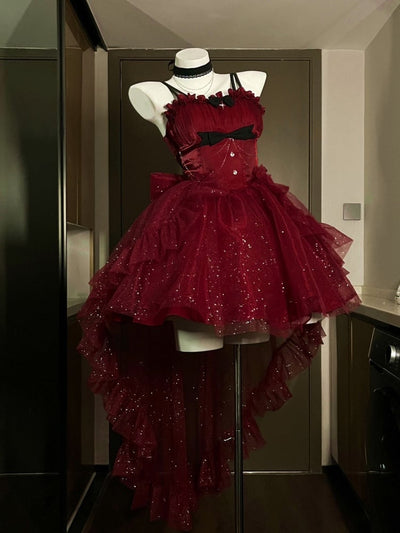 Wine Red Glittering Princess Dress Basque Lolitacore Party Dress Full Set