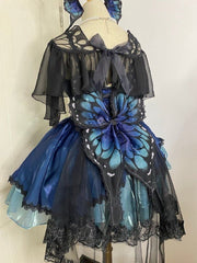 Blue-Green Butterfly Jumper Skirt Full Set Gothic Princess Dress with Butterfly Train