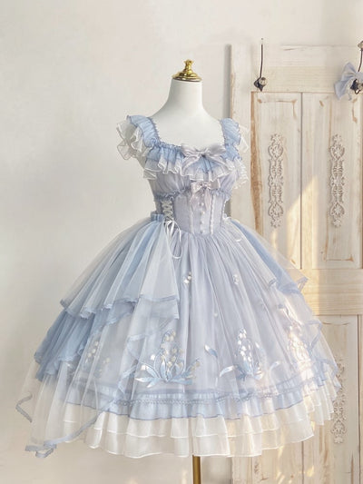 Blue Princess Corset Dress Basque Waist Lily of the Valley Embroidery Lolita Jumper Skirt