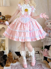 Pink High Waist Jumper Skirt with Heart Apron and Wristcuffs