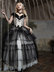 Plus Size Friendly Black Gothic Princess Off-the-shoulder Neckline Dress Black and White