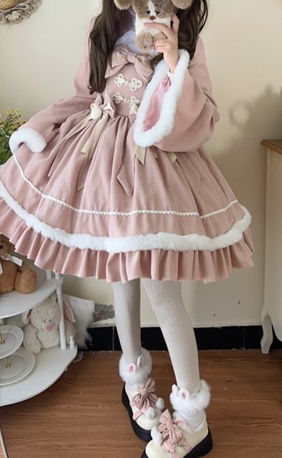 Pink High Waist Plush Trimming Jumper Skirt + Bolero