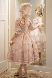 In Stock Former Days Souvenirs Mid-sleeves Floral Embroidery Elegant Pink Lolita Dress Full Set