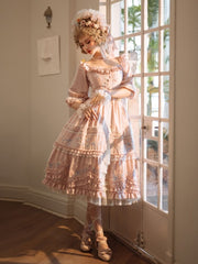 In Stock Former Days Souvenirs Mid-sleeves Floral Embroidery Elegant Pink Lolita Dress Full Set