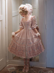 In Stock Former Days Souvenirs Mid-sleeves Floral Embroidery Elegant Pink Lolita Dress Full Set