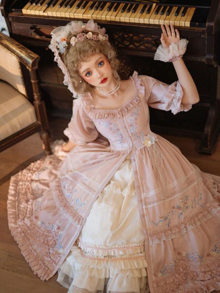 In Stock Former Days Souvenirs Mid-sleeves Floral Embroidery Elegant Pink Lolita Dress Full Set