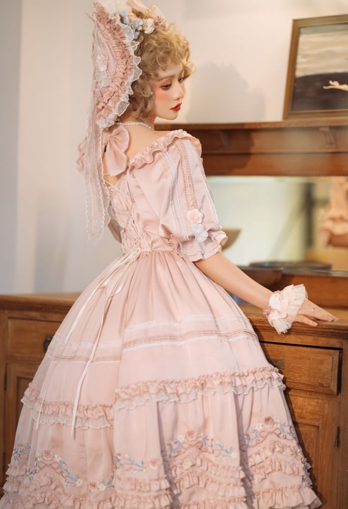 In Stock Former Days Souvenirs Mid-sleeves Floral Embroidery Elegant Pink Lolita Dress Full Set