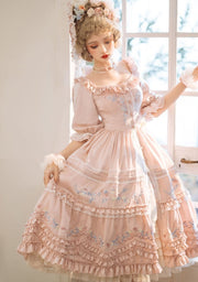 In Stock Former Days Souvenirs Mid-sleeves Floral Embroidery Elegant Pink Lolita Dress Full Set