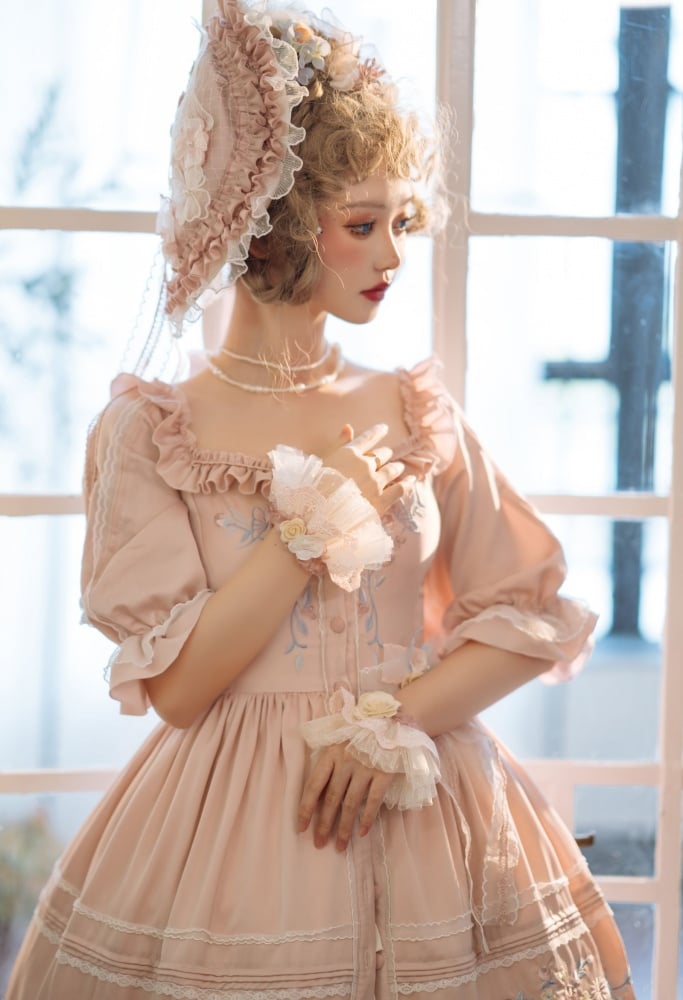 In Stock Former Days Souvenirs Mid-sleeves Floral Embroidery Elegant Pink Lolita Dress Full Set