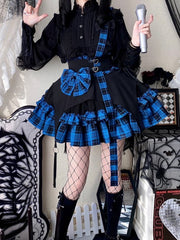 Black and Blue Plaid Pattern Punk Idol Skirt with Straps
