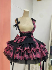 Black and Pink Plaid Pattern Punk Idol Skirt with Straps