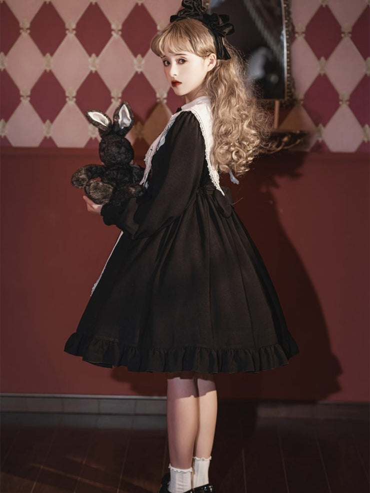 Black and White Cross Embroidery Pointed Collar with Straps One Piece Nun Lolita Costume