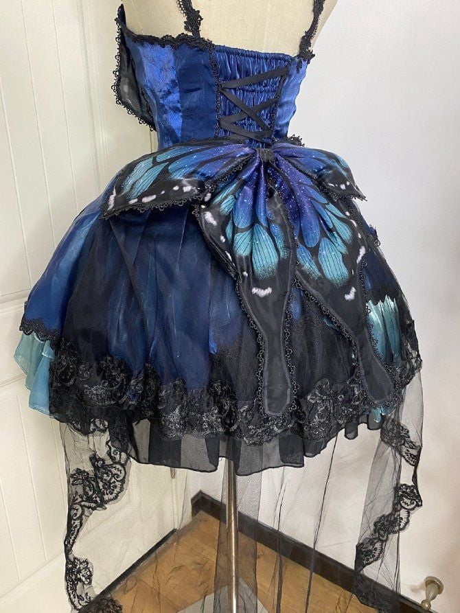 Blue-Green Butterfly Jumper Skirt Full Set Gothic Princess Dress with Butterfly Train