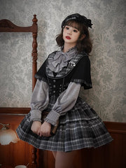 Dark Academia Fashion Little Detective Plaid Dress Black and Gray Jumper Skirt + Cape Set