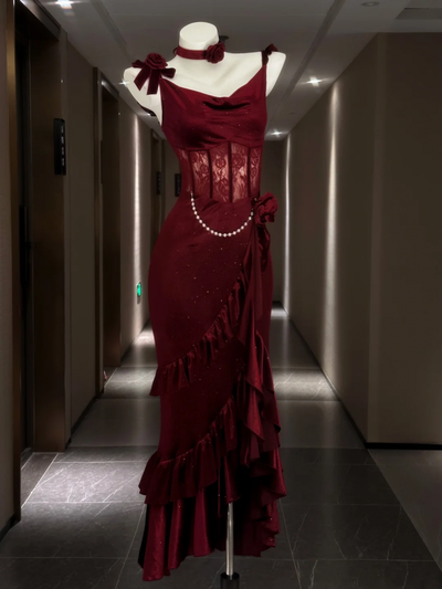 Red Boned Lace Waist Thigh-high Slit Mermaid Dress Evening Gown