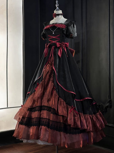 Black and Red Elegant Princess Dress Puff Sleeves Gorgeous One Piece
