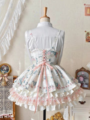 White Under Bust Rosette Print Boned Waist Lolita Jumper Skirt