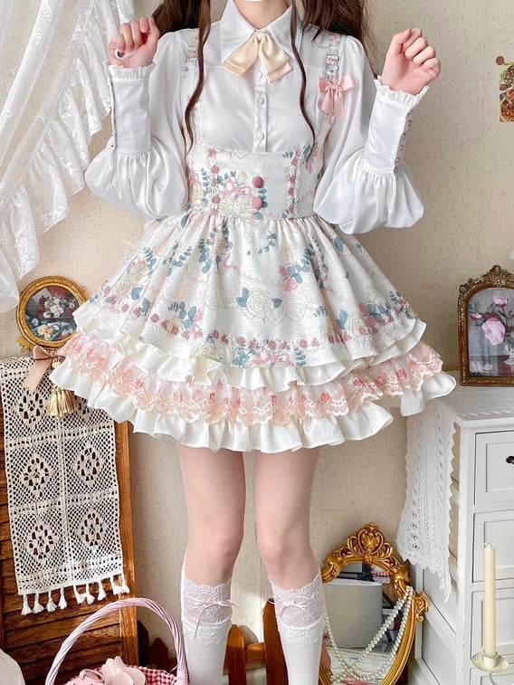 White Under Bust Rosette Print Boned Waist Lolita Jumper Skirt