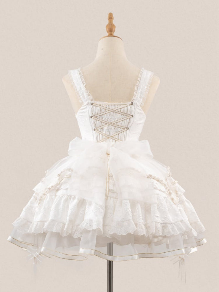 White Hime Corset Dress Tiered Ruffles Hem Lolita Jumper Skirt