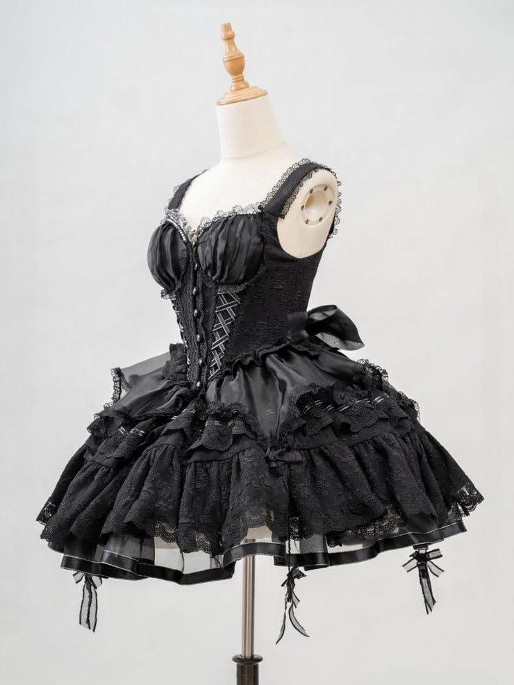 Black Gothic Corset Dress Tiered Ruffles Hem Lolita Jumper Skirt