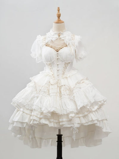 White Tiered Skirt Princess Corset Waist Lolita Jumper Skirt Full Set