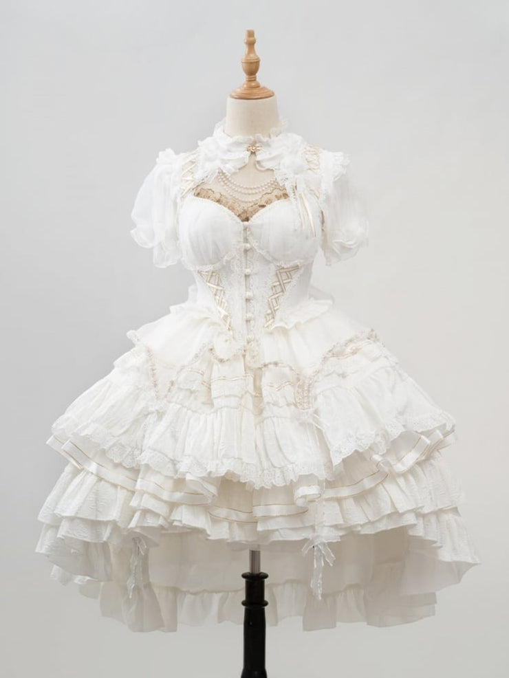 White Tiered Skirt Princess Corset Waist Lolita Jumper Skirt Full Set