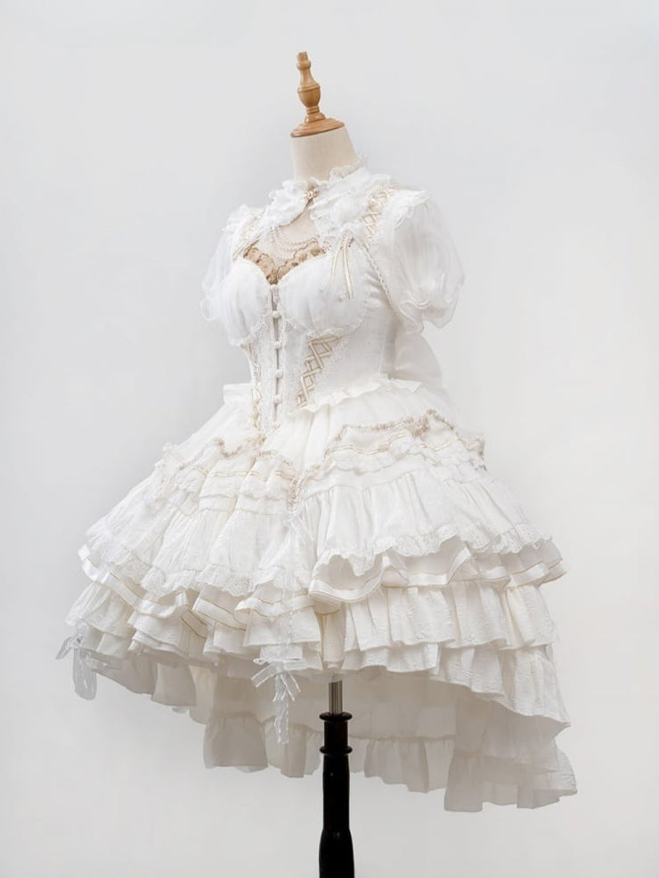 White Tiered Skirt Princess Corset Waist Lolita Jumper Skirt Full Set