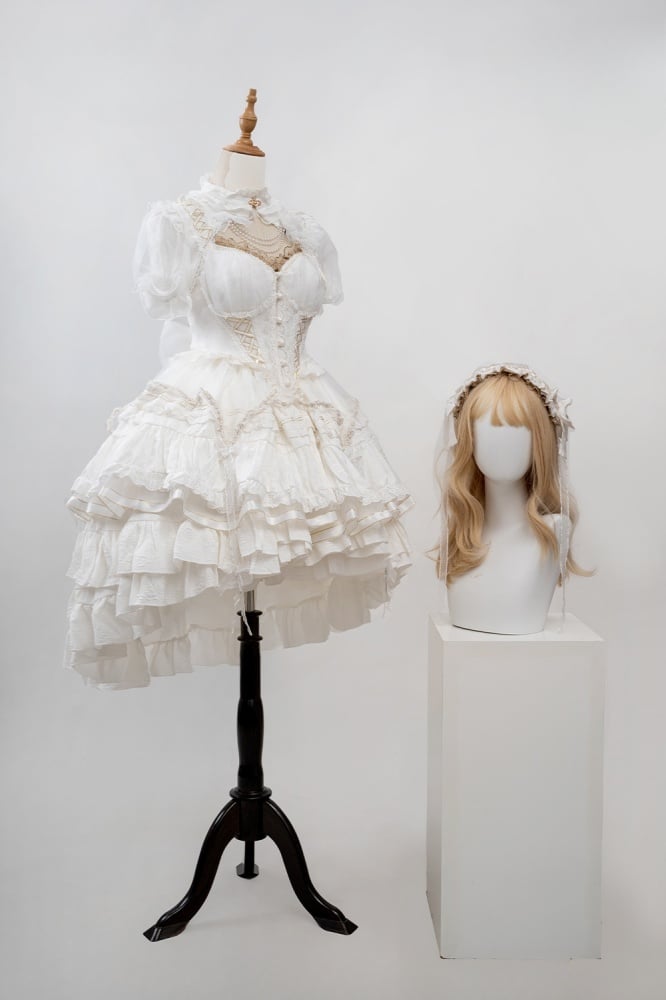 White Tiered Skirt Princess Corset Waist Lolita Jumper Skirt Full Set