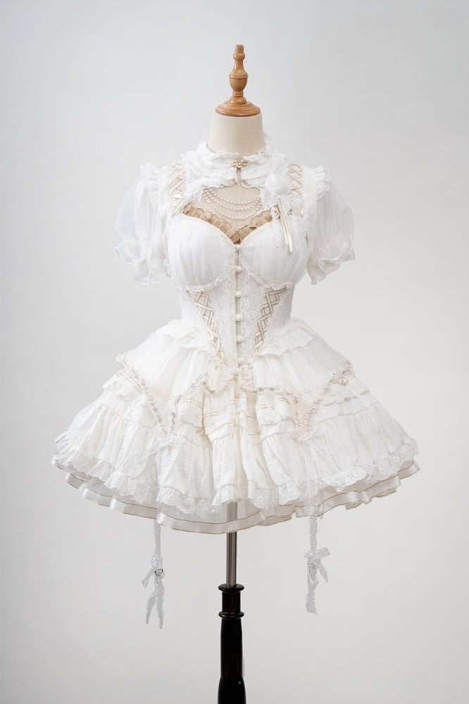 White Tiered Skirt Princess Corset Waist Lolita Jumper Skirt Full Set