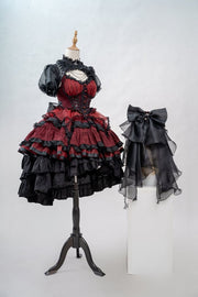 Red and Black Gothic Corset Waist Tiered Skirt Lolita Jumper Skirt Full Set