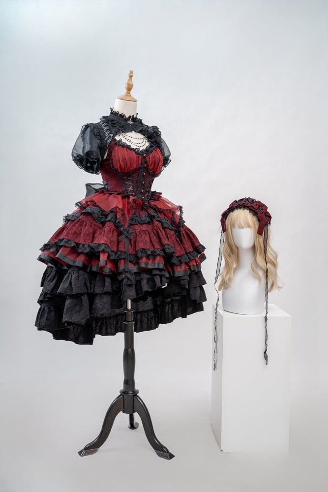 Red and Black Gothic Corset Waist Tiered Skirt Lolita Jumper Skirt Full Set