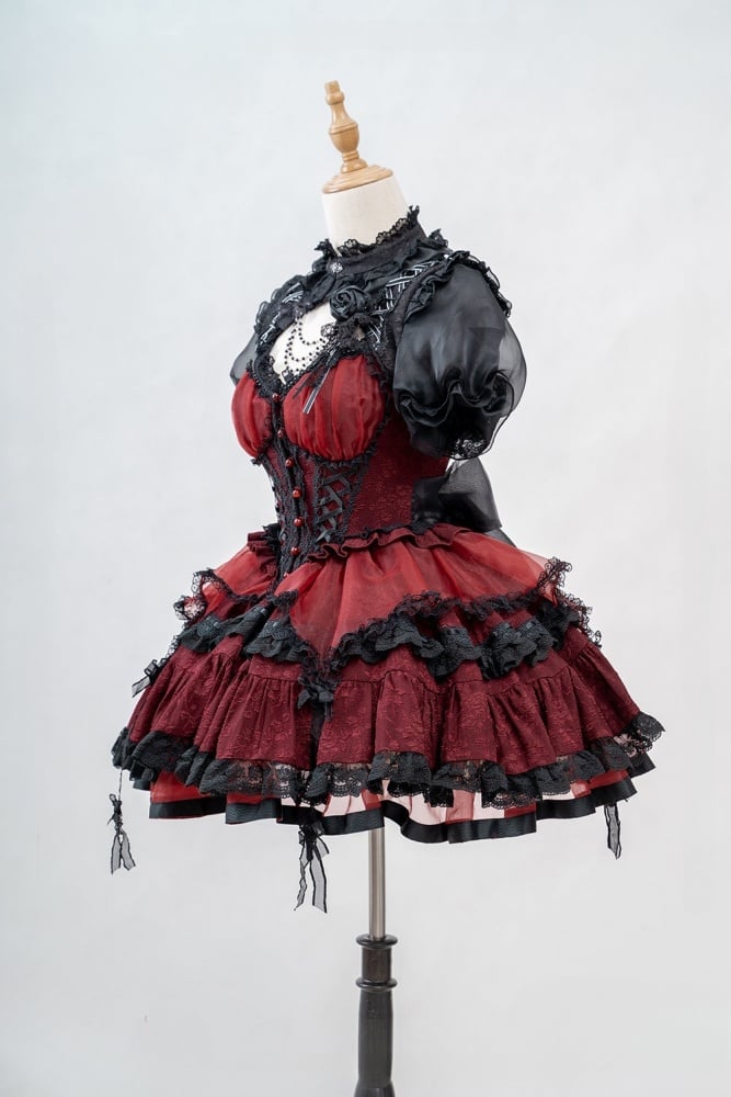 Red and Black Gothic Corset Waist Tiered Skirt Lolita Jumper Skirt Full Set