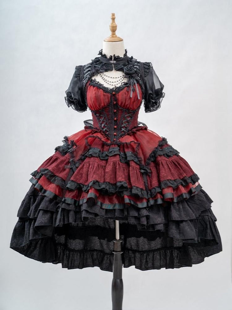 Red and Black Gothic Corset Waist Tiered Skirt Lolita Jumper Skirt Full Set