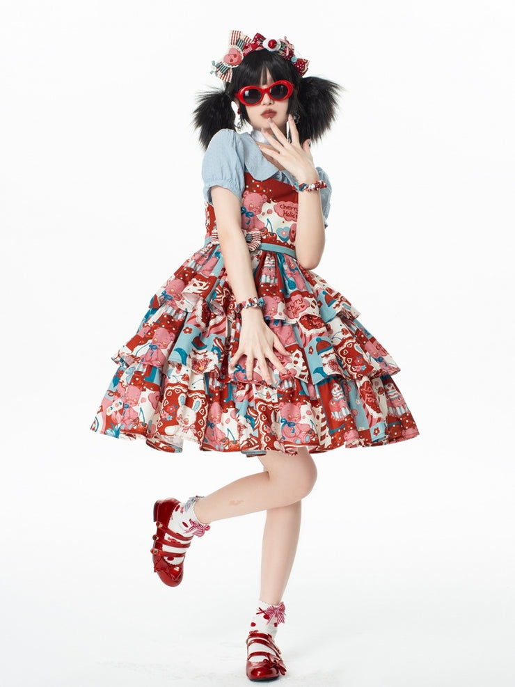 Sweet Red Cherry and Bear Print High Waist Jumper Skirt