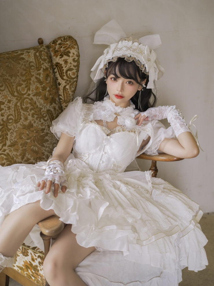 White Hime Corset Dress Tiered Ruffles Hem Lolita Jumper Skirt