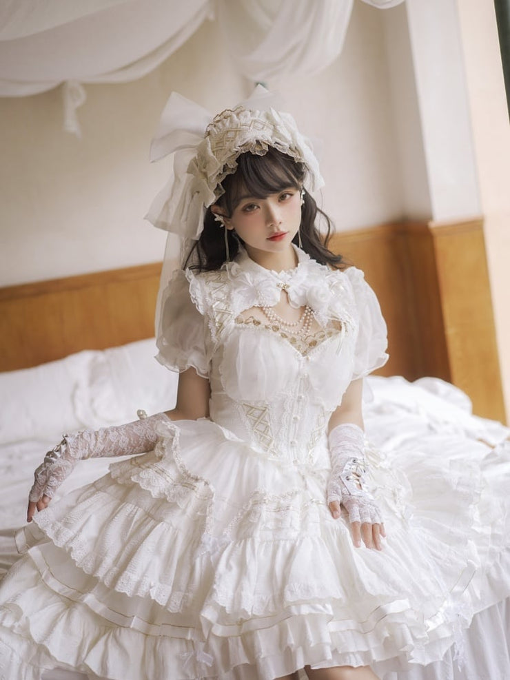 White Hime Corset Dress Tiered Ruffles Hem Lolita Jumper Skirt