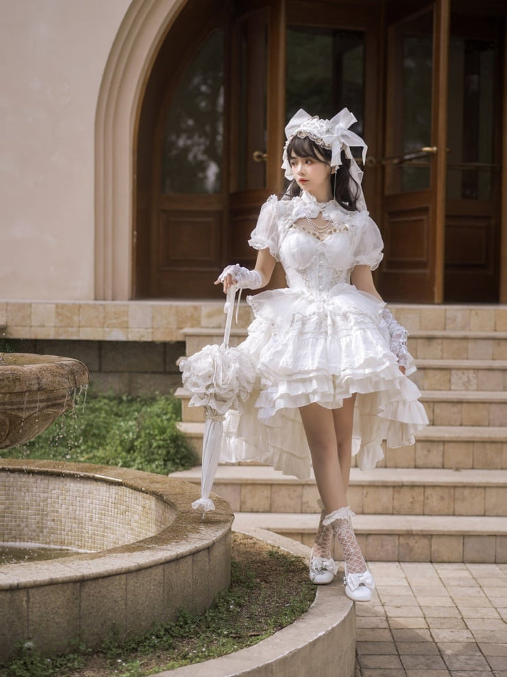 White Hime Corset Dress Tiered Ruffles Hem Lolita Jumper Skirt