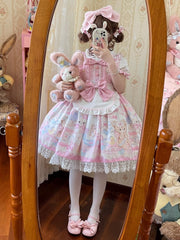 Pink Sweet Bunny and Bear Print Jumper Skirt
