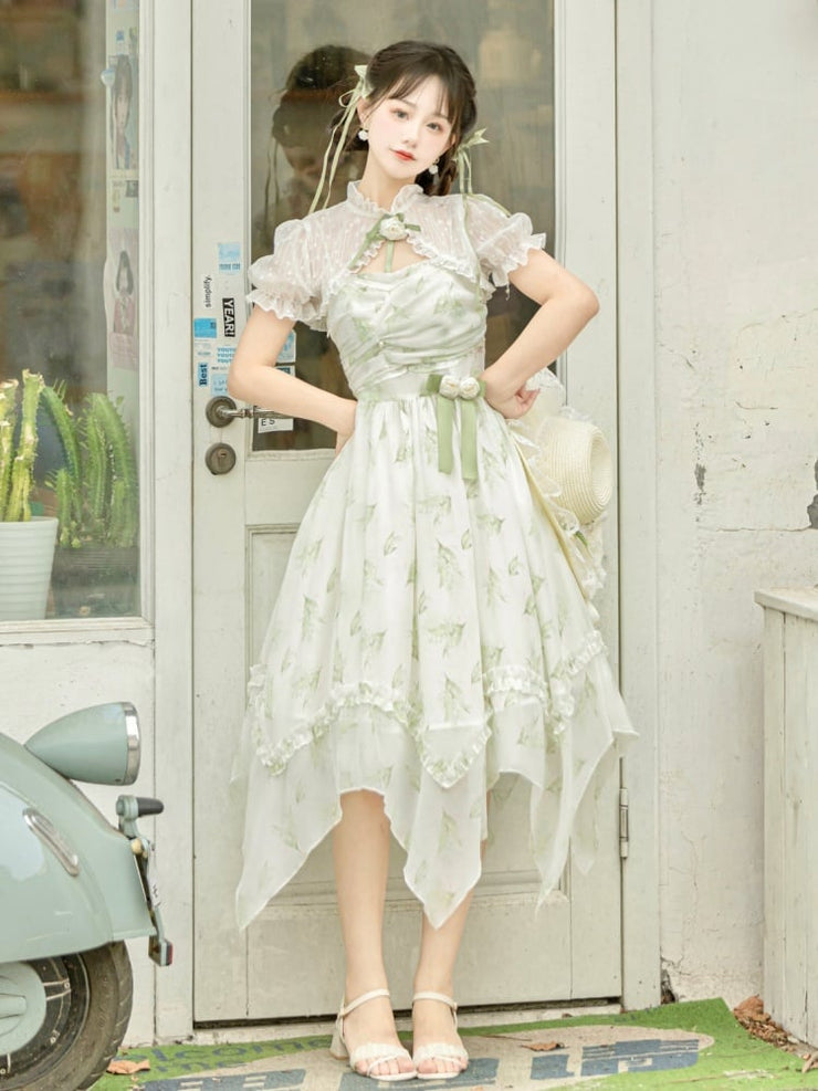 Clearance-Size L for Bust 90-104cm Light Green Lily of the Valley Print Handkerchief Hem Dress + Bolero