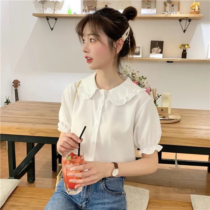 Samafun® Doll Collar Shirt Sweet Small White Shirt Summer New Foreign Lace Short-Sleeved Blouse Female