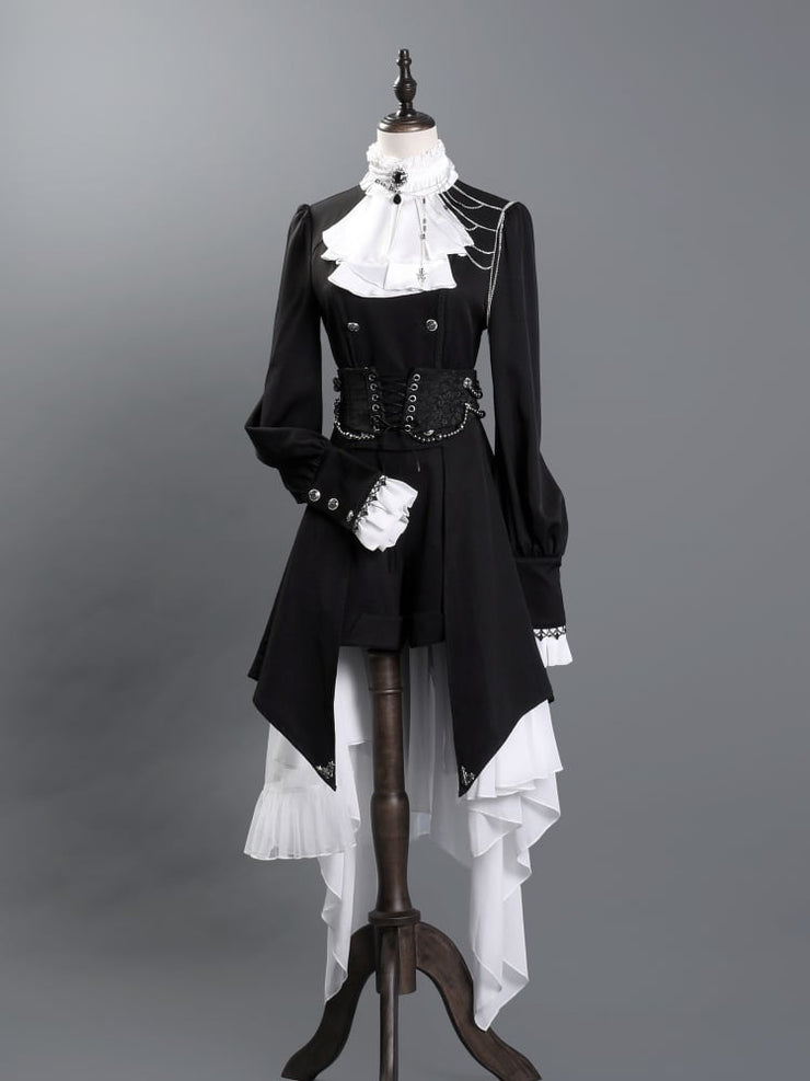 Clearance-Size M for Bust 94CM Black and White Gothic Ouji Lolita Long Sleeves Top + Jabot + Corset belt Set