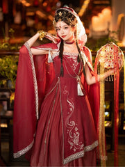 Wine Red Butterfly Embroidery Long Dress + Cloak Set with Chains