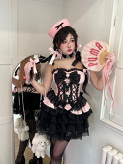 Lace-up Princess Strapless Corset Top / Lace Bloomers Black and Pink